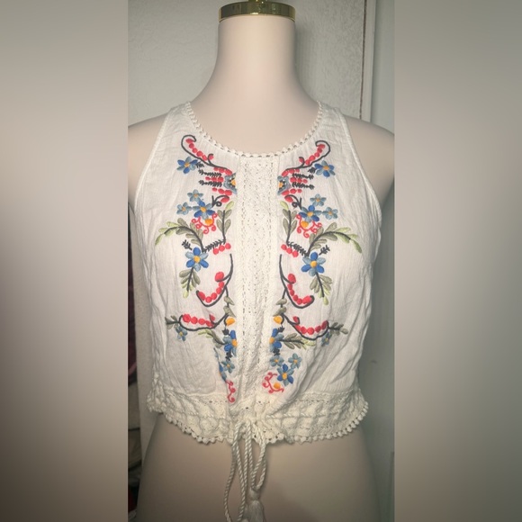 Hollister Tops - Hollister Top Embroidered Floral White Crop